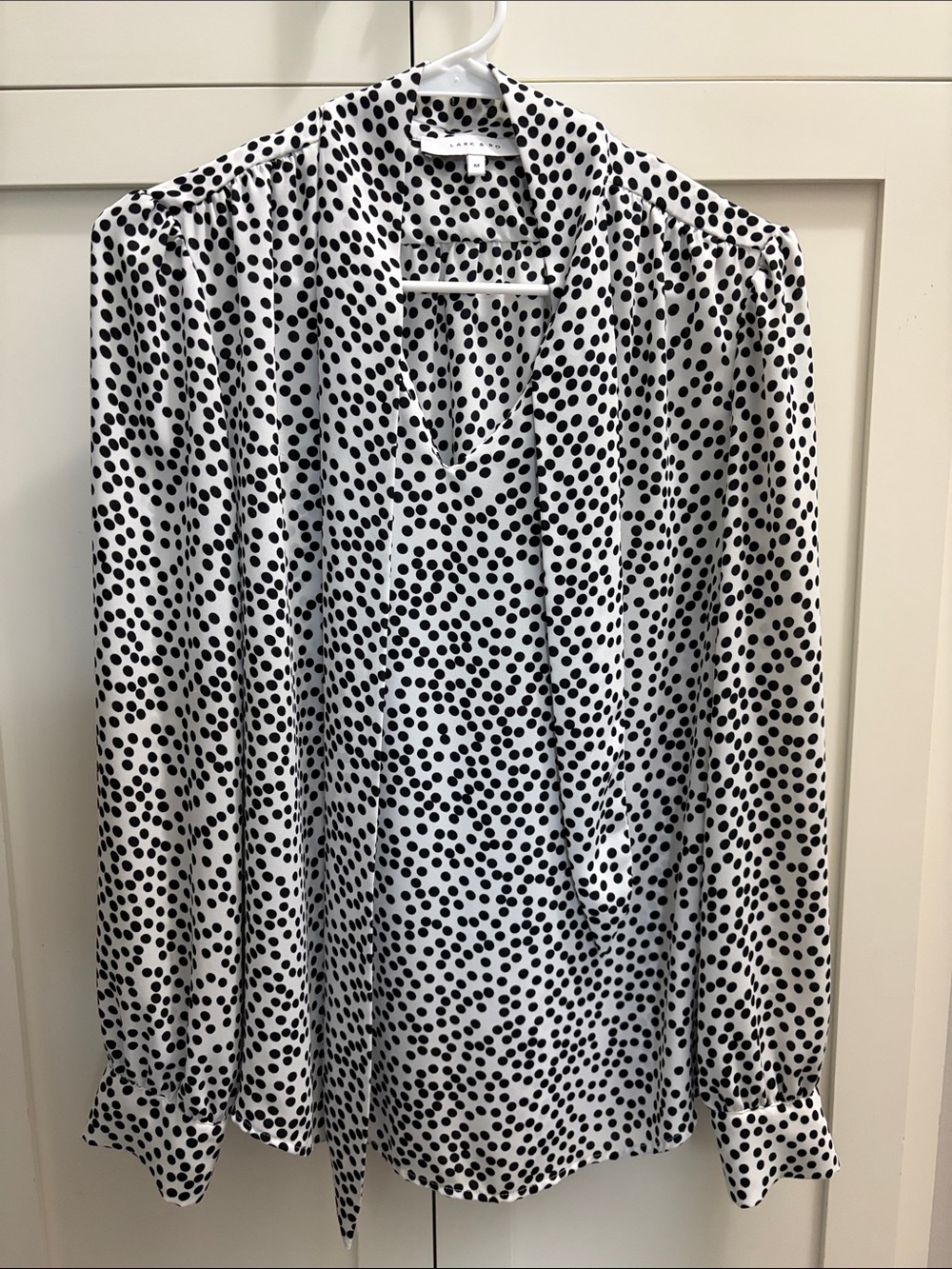 Lark & Ro Black and White Polka Dot Tie-Neck Blouse